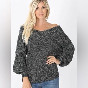 “Showing A Little Shoulder" V-Neck Sweater – Black & Charcoal – Multiple Sizes
